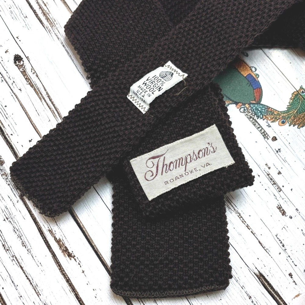 Vintage Knit Tie Thompson's 2" Brown 100% Virgin Wool Made in USA Square End